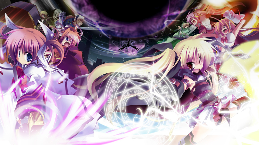 6+girls ahoge animal_ears arf bardiche battle blonde_hair blue_eyes braid brown_hair epic fate_testarossa fox_ears graf_eisen highres kazekawa_nagi levantine long_hair lyrical_nanoha magic_circle magical_boy magical_girl mahou_shoujo_lyrical_nanoha mahou_shoujo_lyrical_nanoha_a's multiple_boys multiple_girls pink_hair ponytail red_eyes red_hair ribbon shamal signum takamachi_nanoha twin_braids twintails very_long_hair vita yagami_hayate yuuno_scrya zafira