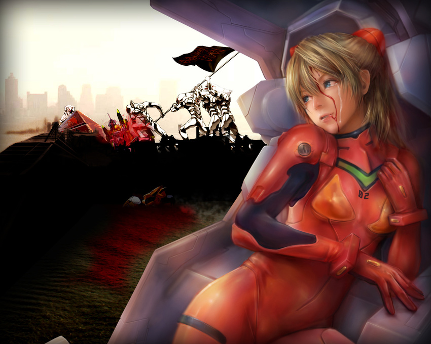 bad_end blood bodysuit derivative_work eva_01 injury iwo_jima mass_production_eva mecha miche neon_genesis_evangelion orange_hair parody realistic sad souryuu_asuka_langley tears third-party_edit wallpaper world_war_ii