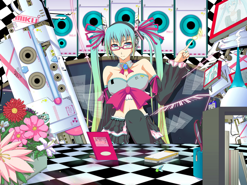 aqua_eyes aqua_hair breasts detached_sleeves flower hatsune_miku headset koumei_(harmonizer) large_breasts long_hair midriff ribbon solo thighhighs twintails very_long_hair vocaloid zettai_ryouiki