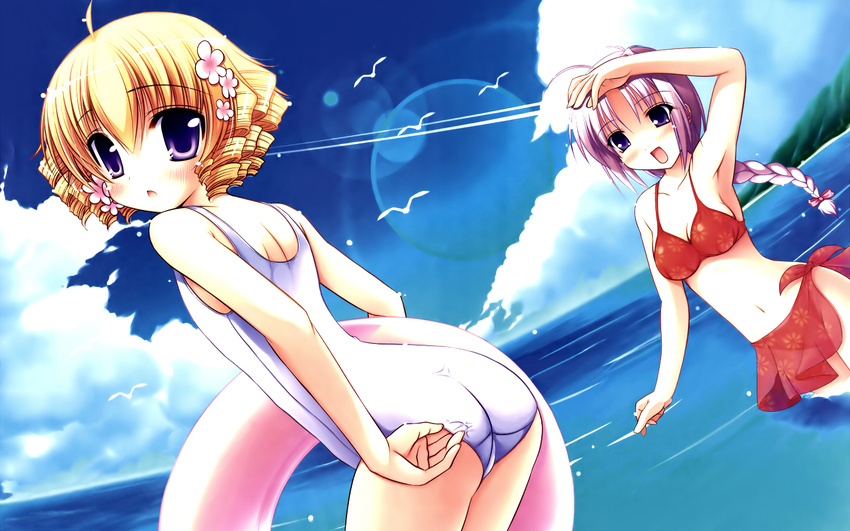 blonde_hair blush inugahora_an purple_hair short_hair swimsuit tsunaban_rabumikusu tsunagaru★bangle tsunomiya_shizuku tube violet_eyes