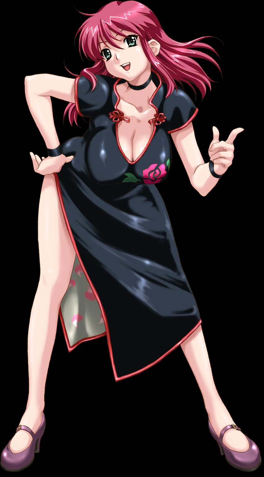 1girl :d bent_over black_background boin breasts china_dress chinadress chinese_clothes choker cleavage dress green_eyes happoubi_jin happy high_heels highres iihara_nao large_breasts leaning_forward long_hair open_mouth pink_hair resort shoes simple_background smile solo wristband