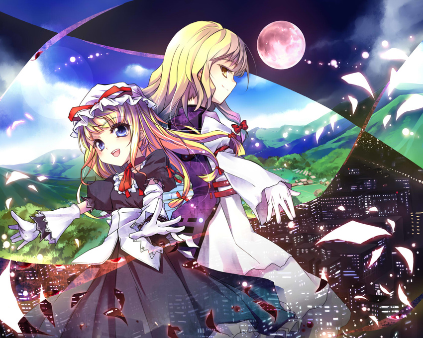 age_difference back-to-back blonde_hair blue_eyes choker city cityscape detached_sleeves dual_persona gap gloves hands highres landscape long_hair maribel_hearn moon multiple_girls nature no_hat no_headwear open_mouth outstretched_arms outstretched_hand ribbon sho_(runatic_moon) smile spread_arms touhou white_gloves yakumo_yukari yellow_eyes