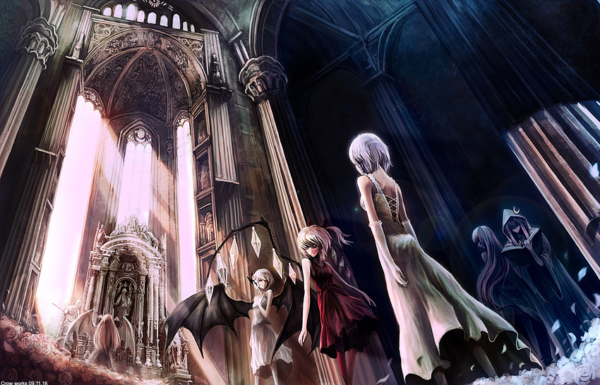 architecture bad_id bad_pixiv_id bat_wings blue_hair book braid church crowdesu dress flandre_scarlet flower gothic_architecture head_wings hong_meiling hood izayoi_sakuya koakuma light long_hair multiple_girls patchouli_knowledge purple_hair red_hair remilia_scarlet rose short_hair side_ponytail silver_hair statue sunlight touhou twin_braids wings