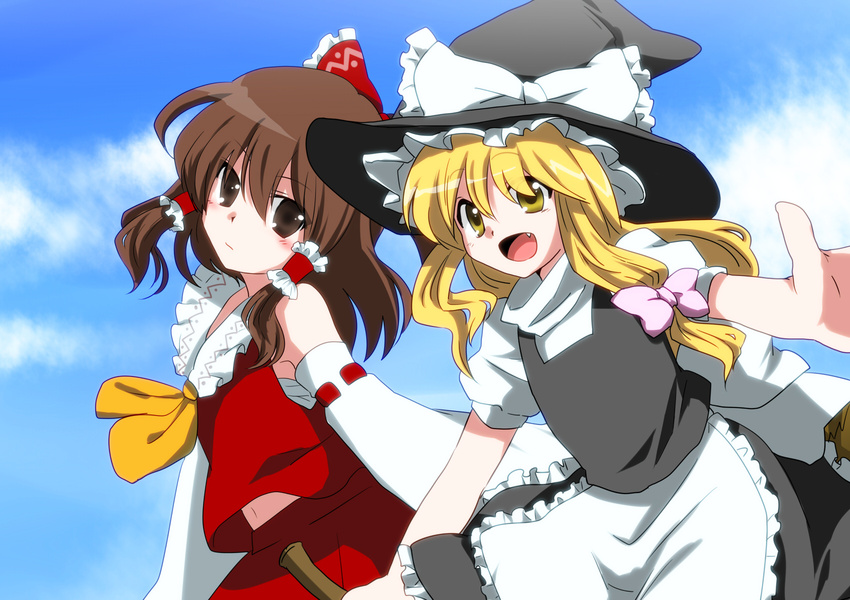 :/ :d bad_id bad_pixiv_id blonde_hair brown_eyes brown_hair cloud day fang hakurei_reimu hat highres kirisame_marisa marimo_danshaku multiple_girls navel open_mouth outstretched_arms ribbon sky smile spread_arms touhou turtleneck witch witch_hat yellow_eyes