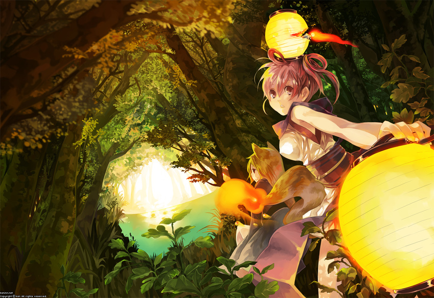 animal_ears bad_id bad_pixiv_id copyright_request forest kaninn lamp light multiple_girls nature