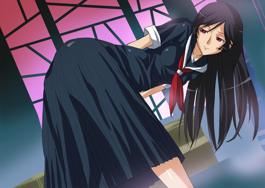 bent_over black_hair fura kaibutsu_oujo kamura_reiri red_eyes school_uniform solo