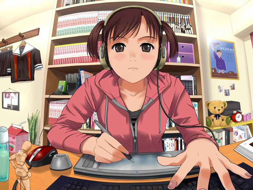 brown_eyes brown_hair drawing_tablet eye_reflection fisheye foreshortening hands headphones hood hood_down hoodie keyboard_(computer) lips mouse_(computer) munakata_(hisahige) oekaki_musume original pixiv reflection short_hair solo twintails wacom