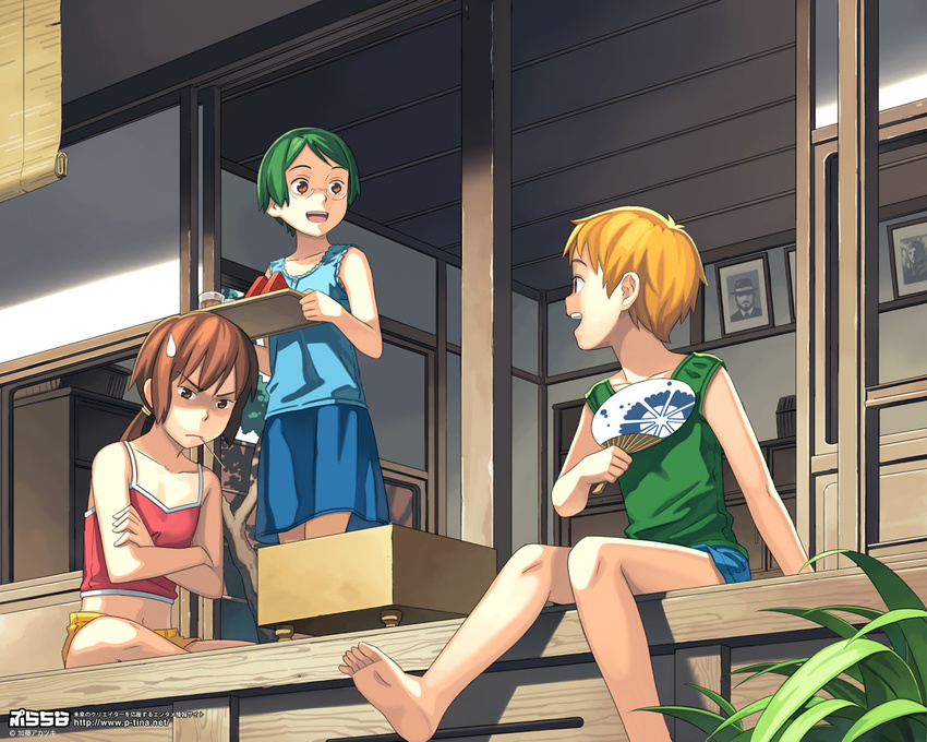 barefoot blonde_hair board_game brown_hair fan feet food fruit glasses green_hair katou_akatsuki legs mouth_hold multiple_girls original paper_fan shougi sitting summer thinking uchiwa wallpaper watermelon