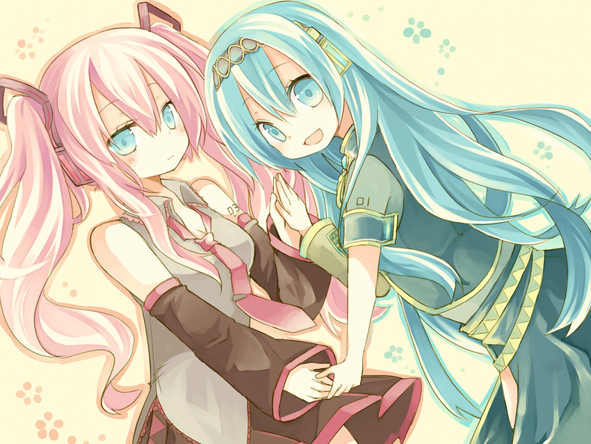 aqua_eyes aqua_hair aruya_(flosrota) bad_id bad_pixiv_id cosplay costume_switch hatsune_miku hatsune_miku_(cosplay) headphones long_hair megurine_luka megurine_luka_(cosplay) multiple_girls necktie pink_hair skirt smile symmetrical_hand_pose twintails very_long_hair vocaloid