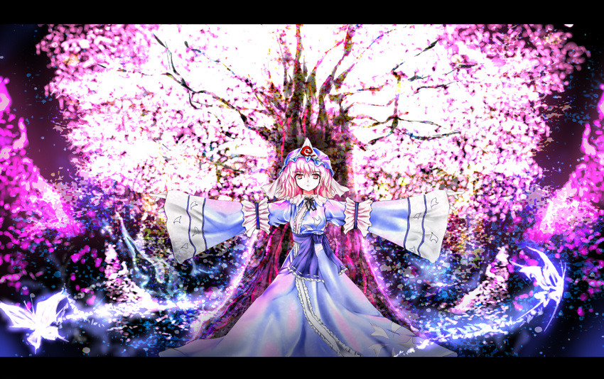 bad_id bad_pixiv_id bug butterfly cherry_blossoms hat highres insect outstretched_arms pink_hair saigyou_ayakashi saigyouji_yuyuko solo spread_arms touhou yuna_gram