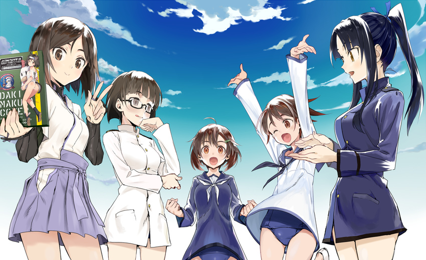 :q ahoge animal_ears arms_up ass ass_visible_through_thighs black_hair blue_neckwear blue_sailor_collar blue_skirt blue_swimsuit brave_witches brown_eyes brown_hair dog_ears dog_tail fundoshi glasses hair_ornament hair_ribbon hairclip hakama hakama_skirt hattori_shizuka headband highres homare_(homaredai) japanese_clothes karibuchi_hikari kimono kuroda_kunika leg_up licking_lips looking_at_viewer military military_uniform miyafuji_yoshika multiple_girls naval_uniform neckerchief noble_witches one-piece_swimsuit one_eye_closed open_mouth pleated_skirt ponytail ribbon sailor_collar sakomizu_haruka school_swimsuit school_uniform serafuku skirt strike_witches swimsuit swimsuit_under_clothes tail tongue tongue_out uniform v white_footwear white_kimono white_neckwear world_witches_series