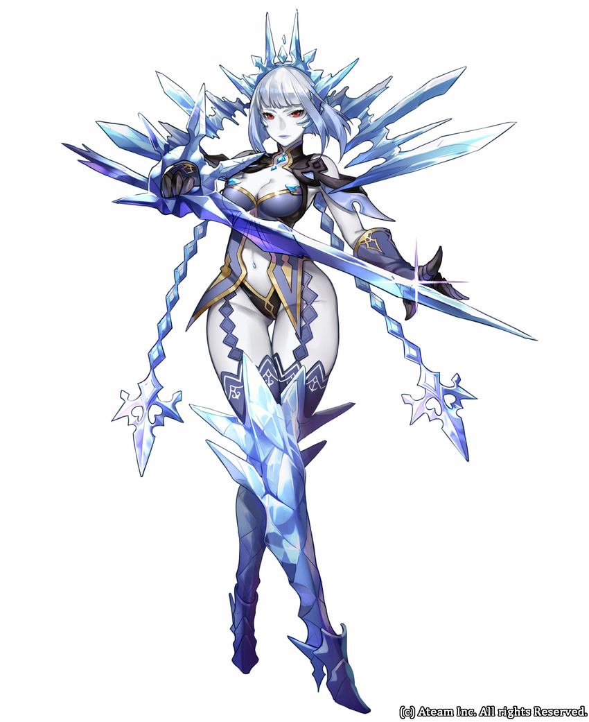 armpit_peek bangs bare_shoulders blue_footwear blue_hair blue_legwear blue_skin blunt_bangs boots breasts cleavage collarbone company_name crown crystal_sword full_body garter_straps gem gloves groin high_heel_boots high_heels highleg highleg_panties highres holding holding_sword holding_weapon ice ice_queen_skadi lipstick makeup medium_breasts navel navel_piercing outstretched_arm panties piercing red_eyes short_hair simple_background sleeveless solo sparkle standing sword thigh_gap thighhighs underwear valkyrie_connect weapon white_background wide_hips yuu_(higashi_no_penguin)