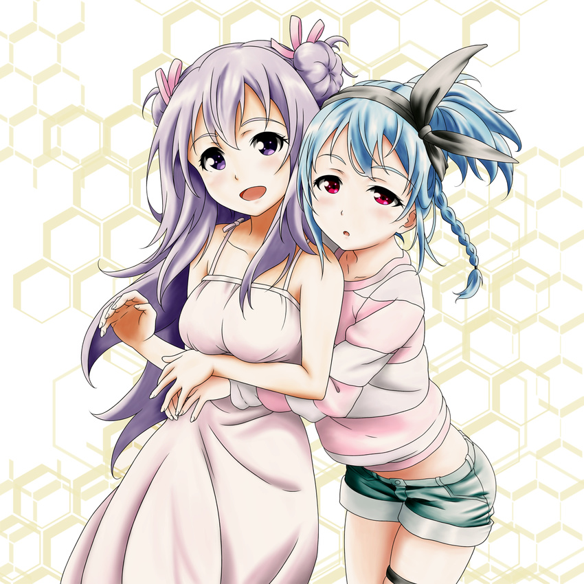 :d :o bare_shoulders blue_hair braid double_bun dress gakusen_toshi_asterisk hairband hexagon highres hug hug_from_behind lavender_hair long_hair looking_at_viewer multiple_girls open_mouth purple_dress purple_eyes purple_hair red_eyes ribbon ryoumei50 sasamiya_saya shirt short_hair shorts smile striped striped_shirt thigh_strap toudou_kirin