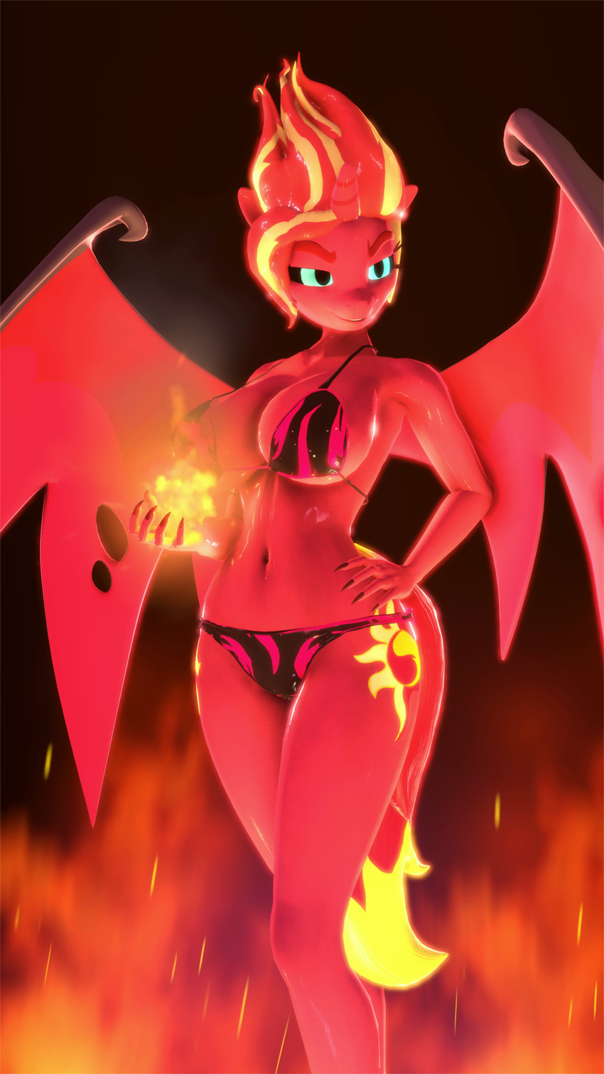 2016 anthro anthrofied big_breasts blonde_hair blue_eyes breasts claws clothed clothing cutie_mark demon digital_media_(artwork) equestria_girls equine female fire friendship_is_magic hair hi_res horn humanoid indigosfm mammal multicolored_hair my_little_pony smile solo sunset_shimmer_(eg) wings