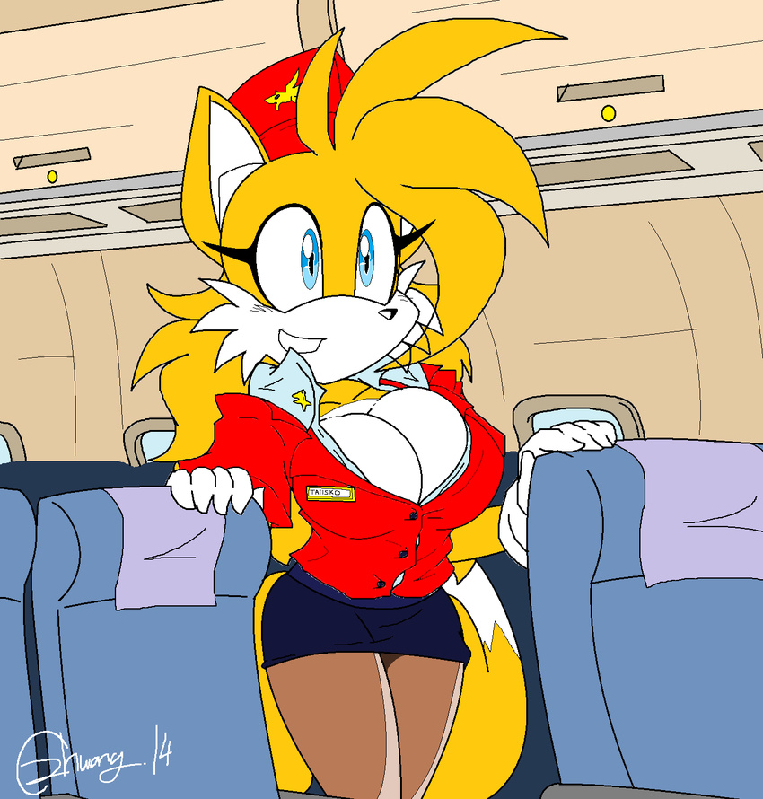 2014 aircraft akatsukishiranui-fox anthro big_breasts breasts canine cleavage clothed clothing crossgender female flight_attendant fox fur hi_res mammal melissa_"tailsko"_prower miles_prower smile solo sonic_(series) video_games