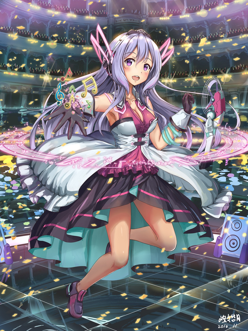 alternate_costume audience bare_legs bare_shoulders beamed_sixteenth_notes blush breasts cleavage confetti crowd dress eighth_note gakusen_toshi_asterisk gloves glowstick headphones highres huanghyy idol large_breasts lavender_hair long_hair looking_at_viewer musical_note open_mouth outstretched_arm purple_eyes purple_hair sixteenth_note solo_focus speaker stage sylvia_lyyneheym treble_clef very_long_hair