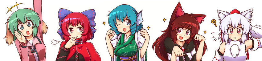 5girls :d ;d =3 ? adjusting_collar animal_ears arm_behind_head arm_up armpits bangs bare_shoulders black_shirt blue_bow blue_eyes blue_hair blush bow breasts brooch brown_hair cape clenched_hands collarbone detached_sleeves dog_ears dress eyebrows eyebrows_visible_through_hair fang fingernails flying_sweatdrops grass_root_youkai_network green_hair hair_bow hat head_fins highres imaizumi_kagerou inubashiri_momiji japanese_clothes jewelry kasodani_kyouko kimono long_hair long_image long_sleeves looking_at_viewer looking_away medium_breasts mermaid monster_girl multiple_girls nail_polish obi odd_one_out one_eye_closed open_mouth parted_lips paw_pose pink_shirt pom_pom_(clothes) red_eyes red_hair red_nails ringlets sash sekibanki sharp_fingernails shirt short_hair simple_background sleeveless sleeveless_shirt smile sparkle sweat tokin_hat touhou upper_body v-shaped_eyebrows wakasagihime white_background white_hair wide_image wide_sleeves wolf_ears wool_(miwol)