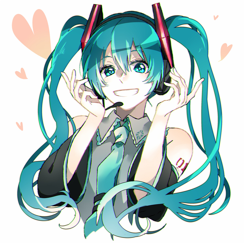 aqua_eyes aqua_hair chromatic_aberration detached_sleeves grin hatsune_miku headset heart highres long_hair necktie smile sofy solo twintails upper_body vocaloid white_background