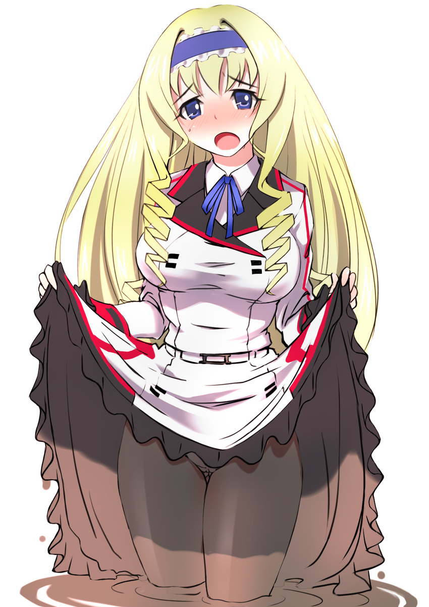 blonde_hair blue_eyes blue_hairband blush cecilia_alcott drill_hair hairband highres infinite_stratos lifted_by_self long_hair looking_at_viewer mud onsen_tengoku open_mouth pantyhose school_uniform skirt skirt_lift solo
