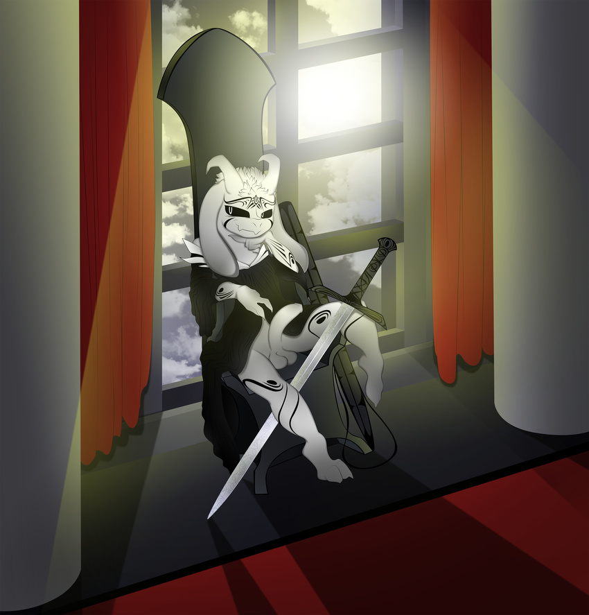 anthro asriel_dreemurr backlit balls barefoot caprine chair clothing_lift erection goat horn looking_away male mammal melee_weapon penis pinup pose solo spread_legs spreading sword throne undertale v-d-k video_games weapon window