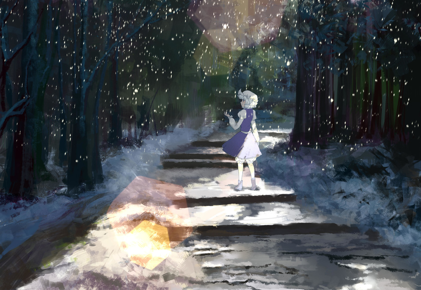 ankh_order bare_tree bloomers blue_eyes boots forest from_behind hat highres lavender_hair letty_whiterock long_sleeves looking_away mob_cap nature puffy_long_sleeves puffy_sleeves purple_footwear purple_skirt purple_vest scenery short_hair skirt skirt_set snowing solo stairs standing stone_walkway touhou tree underwear vest white_hat yuki_onna