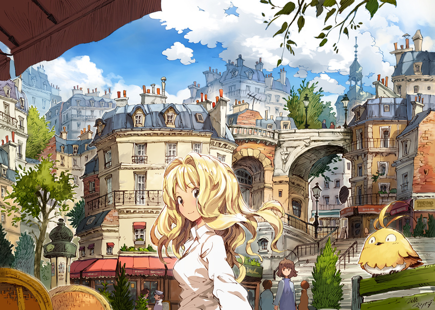 3girls annie_berton awning bench bird black_eyes blonde_hair blue_sky bridge building chair chimney city cloud day handrail lamppost long_hair long_sleeves looking_at_viewer matsuda_(matsukichi) multiple_boys multiple_girls original shirt sky smile solo_focus stairs tori_(matsuda_(matsukichi)) tree white_shirt