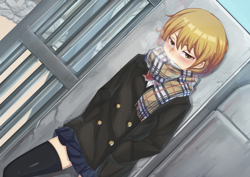 black_legwear blonde_hair blush breath brown_eyes coat dutch_angle hands_in_pockets looking_at_viewer original pleated_skirt scarf school_gateway school_uniform skirt solo thighhighs winter_clothes yumoteliuce zettai_ryouiki