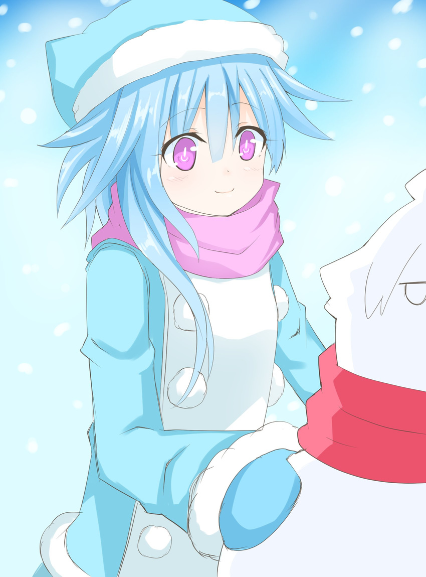 blue_hair blush highres long_hair mittens neptune_(series) niwaka_potato pink_eyes power_symbol rom_(choujigen_game_neptune) scarf snow snowing snowman symbol-shaped_pupils white_sister_rom winter_clothes