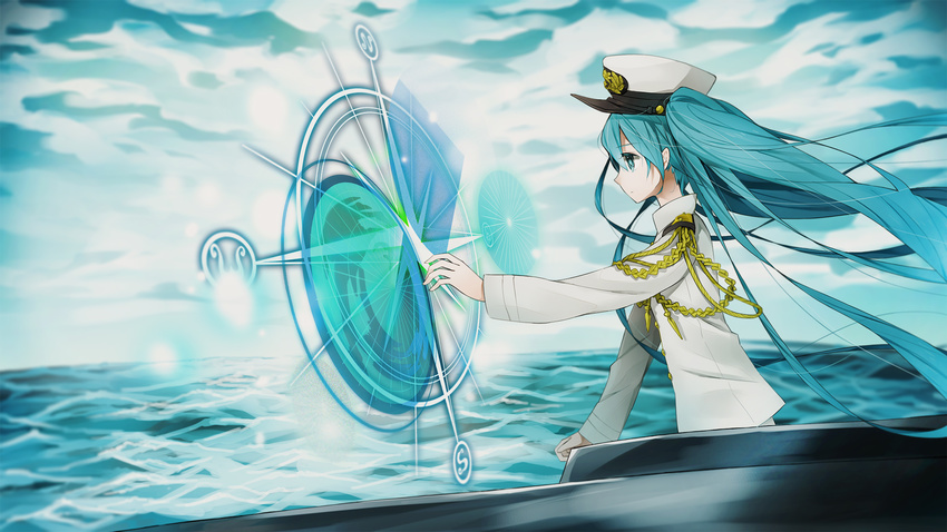 aqua_eyes aqua_hair commentary_request compass_rose floating_hair from_side hat hatsune_miku highres long_hair marchen_noir ocean peaked_cap solo very_long_hair vocaloid