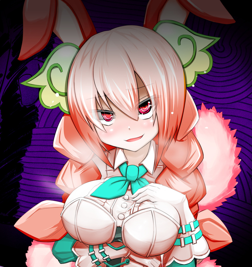 animal_ears breast_hold breasts bunny_ears bunny_tail commentary_request duel_monster fur_coat fur_trim hand_on_own_chest highres medium_breasts open_mouth pink_hair red_eyes solo spirit-edge tail yuu-gi-ou zoodiac_rabbina