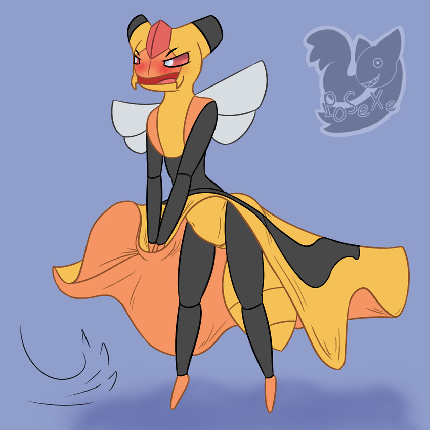 anthro arthropod barefoot bee black_skin blush clothing dress female half-closed_eyes insect insect_wings looking_away navel nintendo nude open_mouth pok&eacute;mon posexe pussy red_eyes red_sclera revealing_(disambiguation) simple_background skirt solo standing tongue vespiquen video_games watermark wind wings yellow_skin