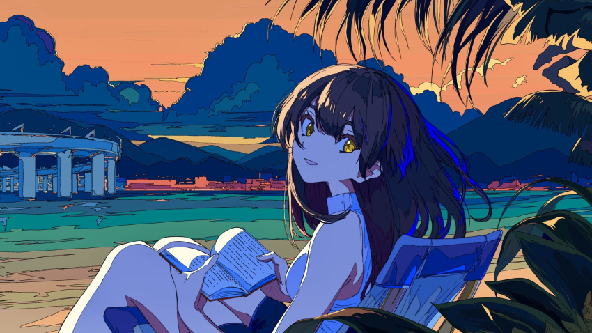 1girl bangs beach black_hair book chair city cloud cloudy_sky from_behind hair_between_eyes head_tilt highres holding holding_book horizon knees_up kogecha_(coge_ch) leaf long_hair looking_at_viewer looking_back mountain orange_sky original outdoors parted_lips plant road shirt shorts sitting sky sleeveless smile solo twilight yellow_eyes