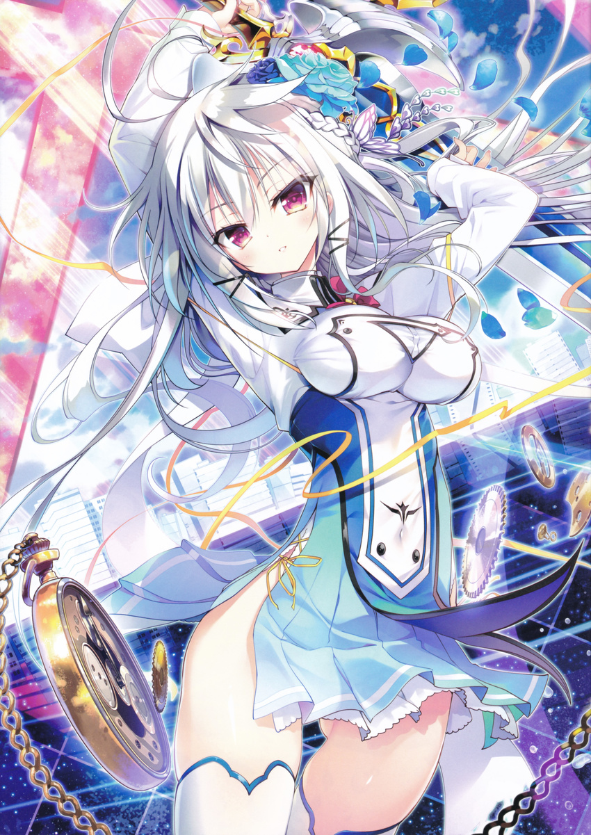 absurdres arms_up ass_visible_through_thighs bare_hips blue_flower breasts chain charlotte_labpeyn clock covered_navel flower hair_flower hair_ornament highres holding holding_sword holding_weapon izure_shinwa_no_houkago_sensou large_breasts long_hair looking_at_viewer petals purple_eyes silver_hair solo sword thighhighs weapon white_legwear youta