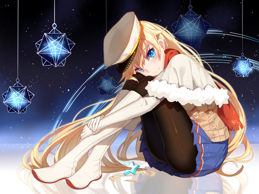 bangs bison_cangshu black_legwear blonde_hair blue_eyes blue_skirt boots capelet closed_mouth crossed_ankles enterprise_(zhan_jian_shao_nyu) eyebrows eyebrows_visible_through_hair from_side full_body fur_trim gloves hair_ornament hands_on_legs hat head_on_knees head_rest highres knee_boots knees_up leg_hug light_particles long_hair looking_at_viewer low-tied_long_hair miniskirt own_hands_together pantyhose peaked_cap pleated_skirt red_scarf reflection scarf shiny shiny_clothes sitting skirt solo star star_hair_ornament string sweater upskirt very_long_hair white_footwear white_gloves white_hat zhan_jian_shao_nyu
