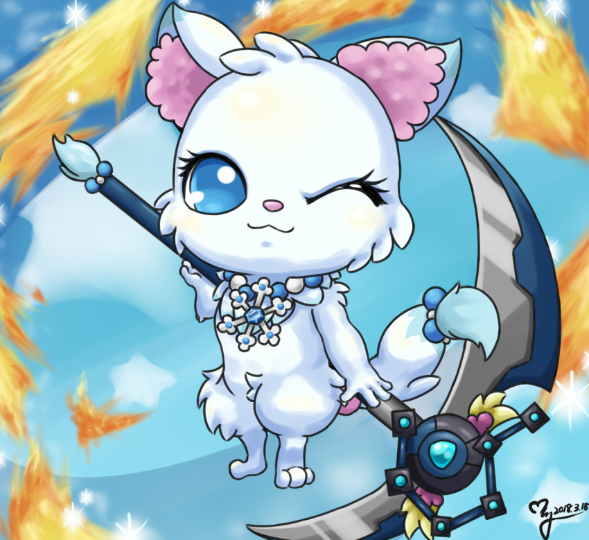 arctic_fox blue_eyes blue_fur canine chest_tuft dipstick_tail ear_tuft fire fluffy fluffy_tail fox fur jewelpet jewelry larimar mammal melee_weapon multicolored_tail necklace one_eye_closed polearm scythe snowflake tuft weapon white_fur wink アイリ@スタイルを探して