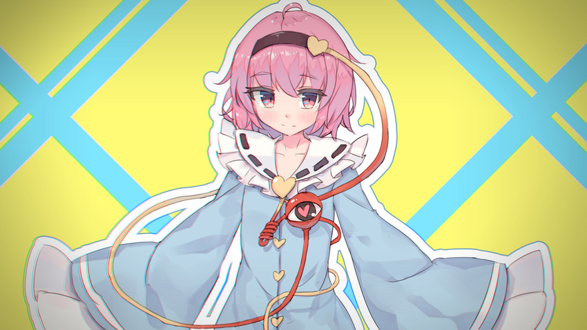 1girl eyeball facing_viewer hairband heart heart-shaped_pupils komeiji_satori long_sleeves looking_at_viewer pink_eyes pink_hair shone short_hair sleeves_past_wrists smile solo symbol-shaped_pupils third_eye touhou upper_body wide_sleeves