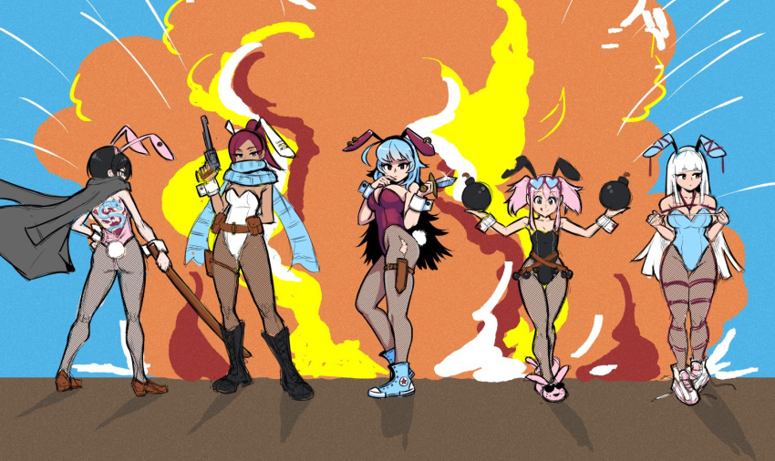 5girls akairiot animal_ears animal_slippers arm_behind_back back_tattoo bangs belt black_footwear black_hair black_jacket black_leotard blue_footwear blue_hair blue_leotard blue_scarf blunt_bangs boots breasts brown_footwear bunny_ears bunny_slippers bunny_tail bunnysuit character_request cherry_bomb cleavage collarbone copyright_request covered_mouth dark_skin explosion eyebrows_visible_through_hair eyewear_on_head facing_away fake_animal_ears fishnet_pantyhose fishnets gun hair_between_eyes hairband heart heart-shaped_eyewear holding holding_bomb holding_gun holding_knife holding_weapon jacket knife large_breasts leotard long_hair looking_at_viewer looking_away looking_to_the_side medium_breasts multicolored_hair multiple_girls pantyhose pink_footwear pink_hair pink_leotard ponytail red_hair red_leotard scarf scarf_over_mouth shoes short_hair sidelocks slippers small_breasts smile sneakers star strapless strapless_leotard tail tattoo tongue tongue_out torn_clothes torn_legwear twintails two-tone_hair untied_shoes very_long_hair weapon white_hair white_leotard wrist_cuffs