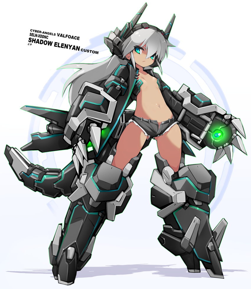 alternate_color antennae aqua_eyes armor armored_boots ass_visible_through_thighs bangs black_shorts blue_eyes boots breasts bridgeless_bra closed_mouth collarbone cutoffs densou_tenshi_valforce full_body glowing grey_hair hair_between_eyes headgear highres karukan_(monjya) legs_apart long_hair looking_at_viewer mecha_musume mechanical_arms mechanical_tail misawa_elena navel open_clothes open_fly open_shorts shadow short_shorts shorts small_breasts solo standing stomach tail tan unbuttoned white_background