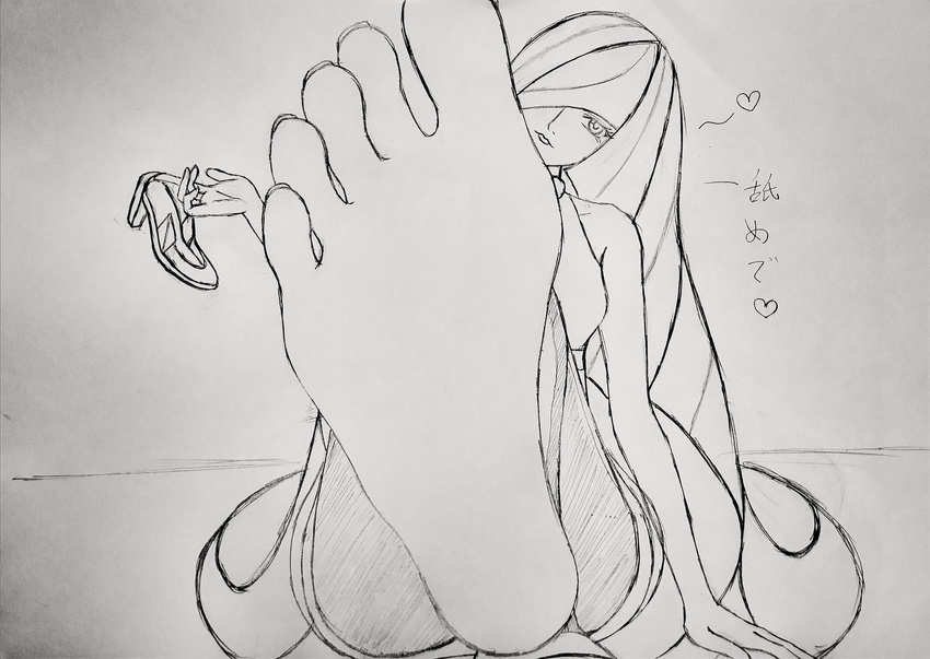 1girl artist_request barefoot feet femdom hair_over_one_eye head_tilt highres holding_shoes long_hair looking_at_viewer lusamine_(pokemon) monochrome pokemon pokemon_sm pov pov_feet shoes_removed soles toes translated