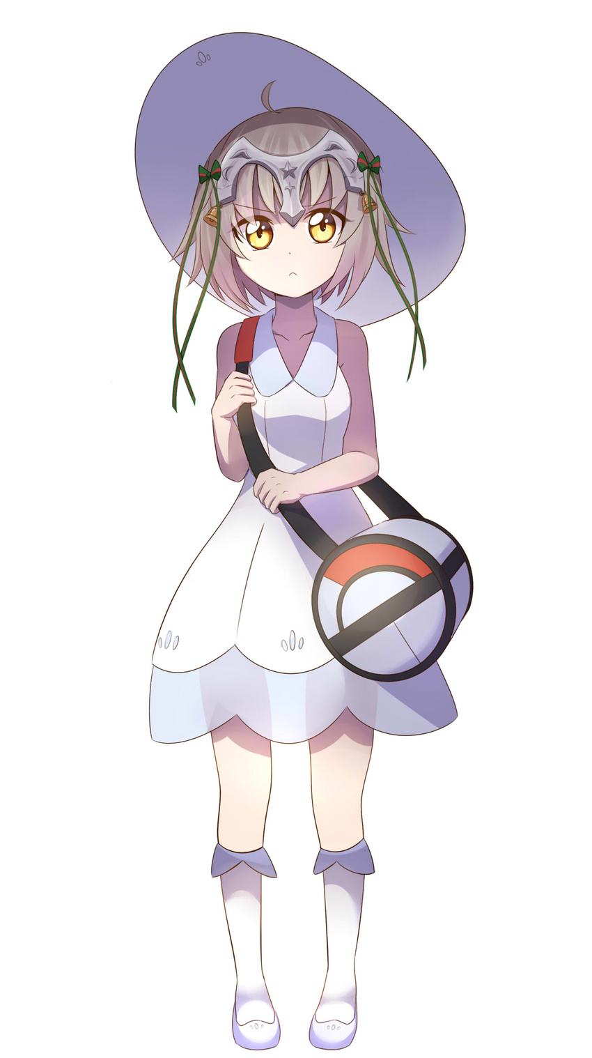 bag blonde_hair caibao commentary_request cosplay dress fate/grand_order fate_(series) hat headpiece highres jeanne_d'arc_(fate)_(all) jeanne_d'arc_alter_santa_lily lillie_(pokemon) lillie_(pokemon)_(cosplay) looking_at_viewer pokemon pokemon_(game) pokemon_sm see-through shoulder_bag sleeveless sun_hat white_background yellow_eyes