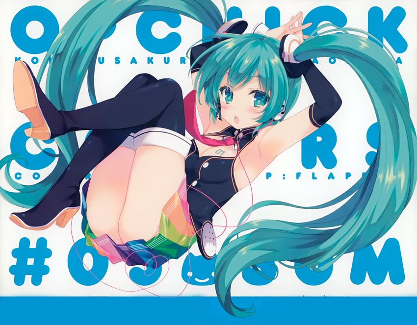 armpits arms_up artist_name ass beamed_eighth_notes black_footwear black_legwear black_shirt blush boots breasts circle_name detached_sleeves full_body green_eyes green_hair hatsune_miku headphones highres long_hair medium_breasts multicolored multicolored_clothes multicolored_skirt musical_note musical_note_print necktie number ohara_tometa open_mouth own_hands_together pleated_skirt qp:flapper red_neckwear scan shirt skirt sleeveless sleeveless_shirt solo thigh_boots thighhighs twintails very_long_hair vocaloid wing_collar