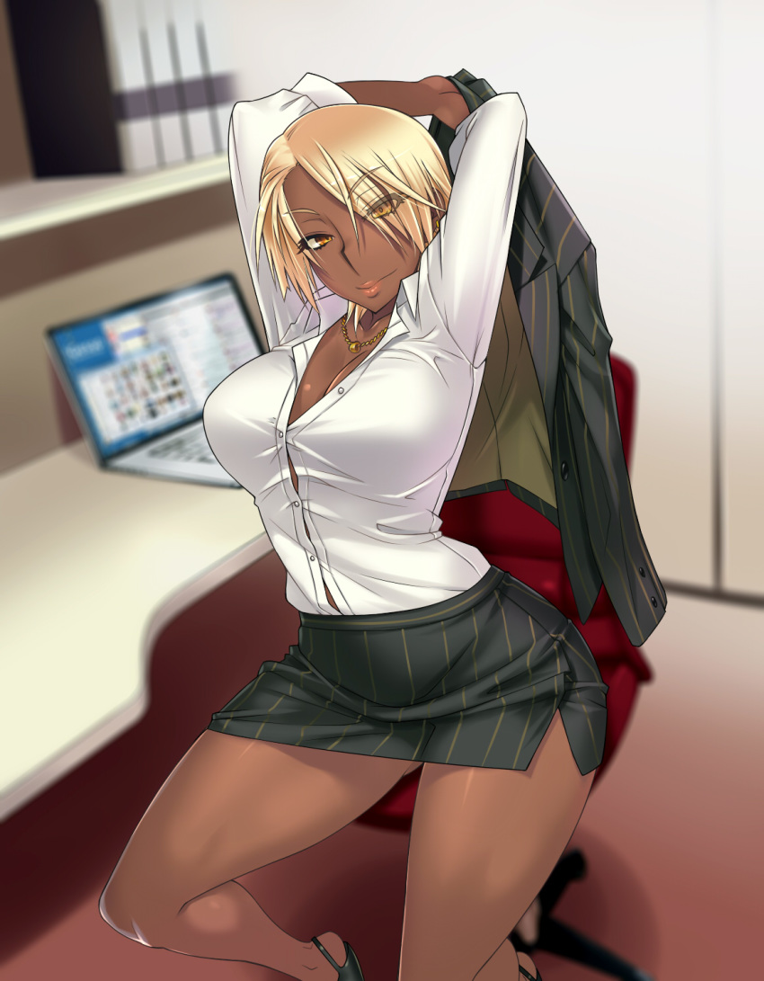 1girl arms_behind_head blonde_hair breasts business_suit collared_shirt dark_skin eyes_visible_through_hair formal high_heels highres jacket jacket_removed jewelry large_breasts lips looking_at_viewer miniskirt necklace office_lady oohara_kyuutarou original pencil_skirt pinstripe_pattern pinstripe_suit shirt short_hair skirt skirt_suit smile striped suit