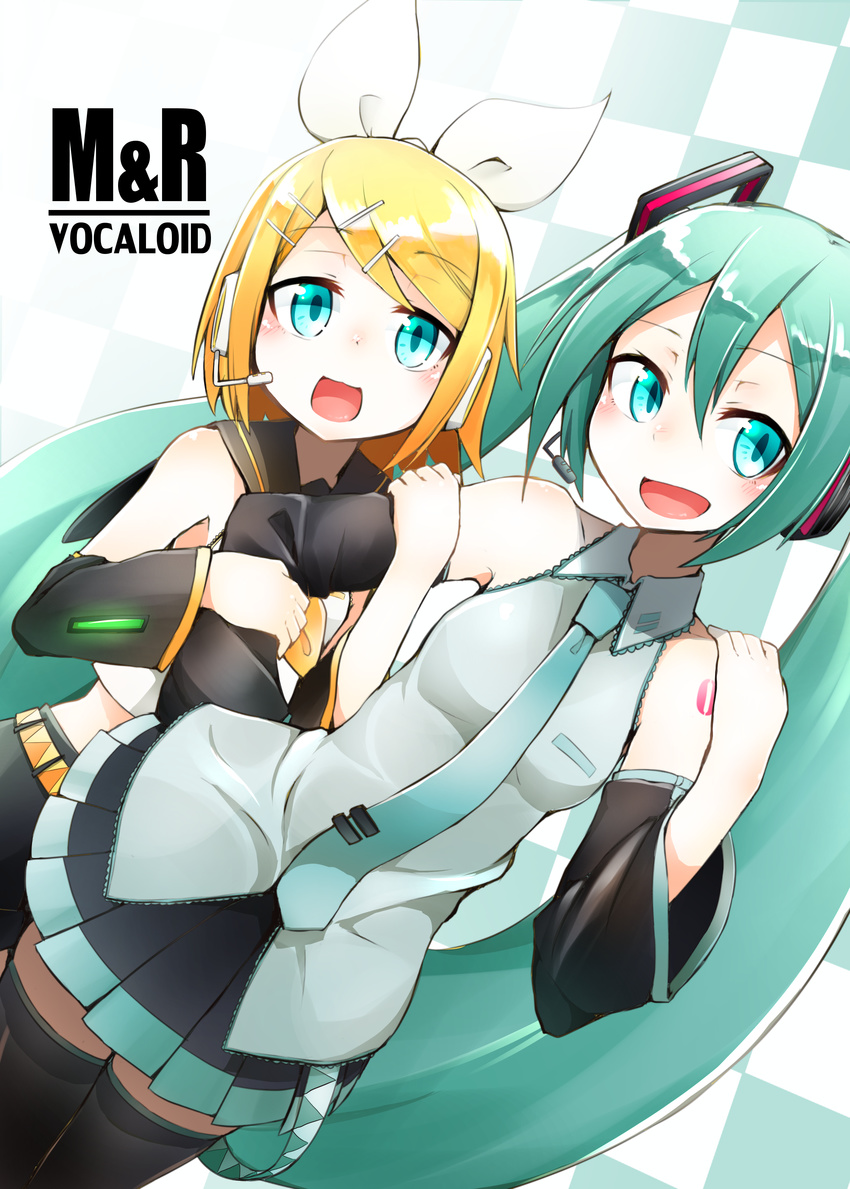 absurdres aqua_eyes aqua_hair arm_holding blonde_hair checkered checkered_background crop_top dai_yasude detached_sleeves hair_ornament hair_ribbon hairpin hand_on_another's_arm hatsune_miku headset highres kagamine_rin long_hair miniskirt multiple_girls necktie open_mouth pleated_skirt ribbon sailor_collar skirt sleeveless smile tattoo thighhighs twintails very_long_hair vocaloid wide_sleeves zettai_ryouiki