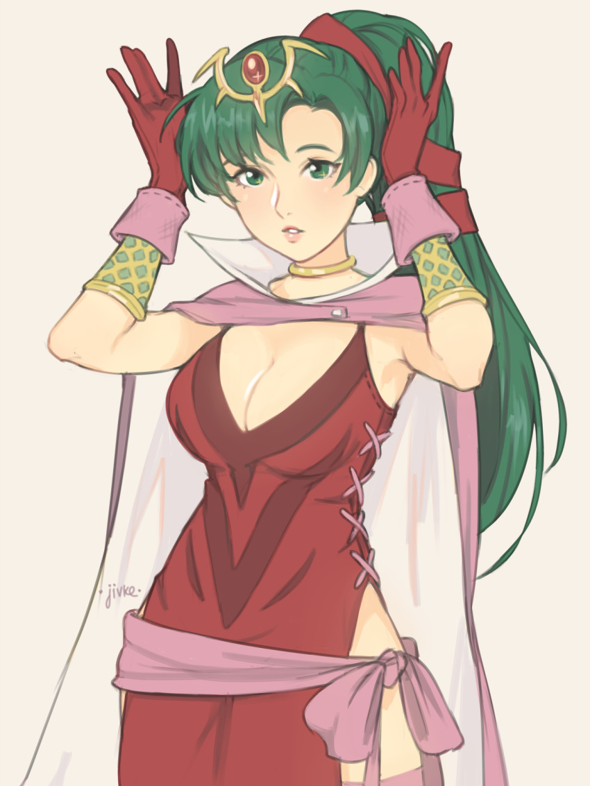 1girl chiki chiki_(cosplay) cosplay dress earrings fire_emblem fire_emblem:_kakusei fire_emblem:_monshou_no_nazo fire_emblem:_rekka_no_ken fire_emblem_heroes green_eyes green_hair hair_ribbon high_ponytail highres jewelry jivke long_hair lyndis_(fire_emblem) nintendo pelvic_curtain ponytail ribbon