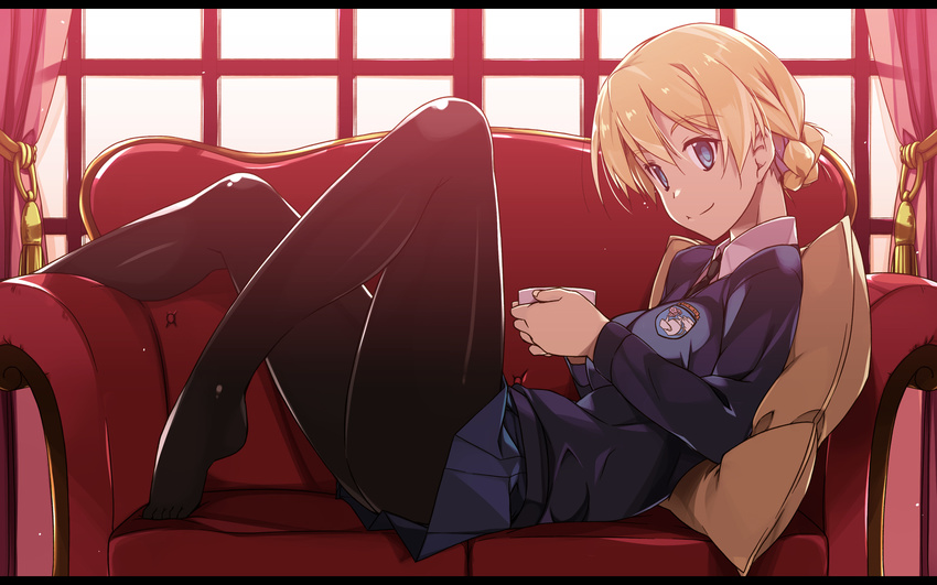 backlighting bangs black_legwear black_neckwear blonde_hair blue_eyes blue_skirt blue_sweater braid breasts closed_mouth collared_shirt couch cup curtains darjeeling emblem eyebrows eyebrows_visible_through_hair from_side girls_und_panzer hair_between_eyes highres holding holding_cup indoors leaning_back legs letterboxed long_sleeves looking_at_viewer lying medium_breasts miniskirt necktie no_shoes on_back on_couch pantyhose pillow pleated_skirt shikei shiny shiny_clothes shiny_hair shirt short_hair skirt smile solo st._gloriana's_(emblem) st._gloriana's_school_uniform sweater tassel teacup thighs tied_hair v-neck white_shirt window