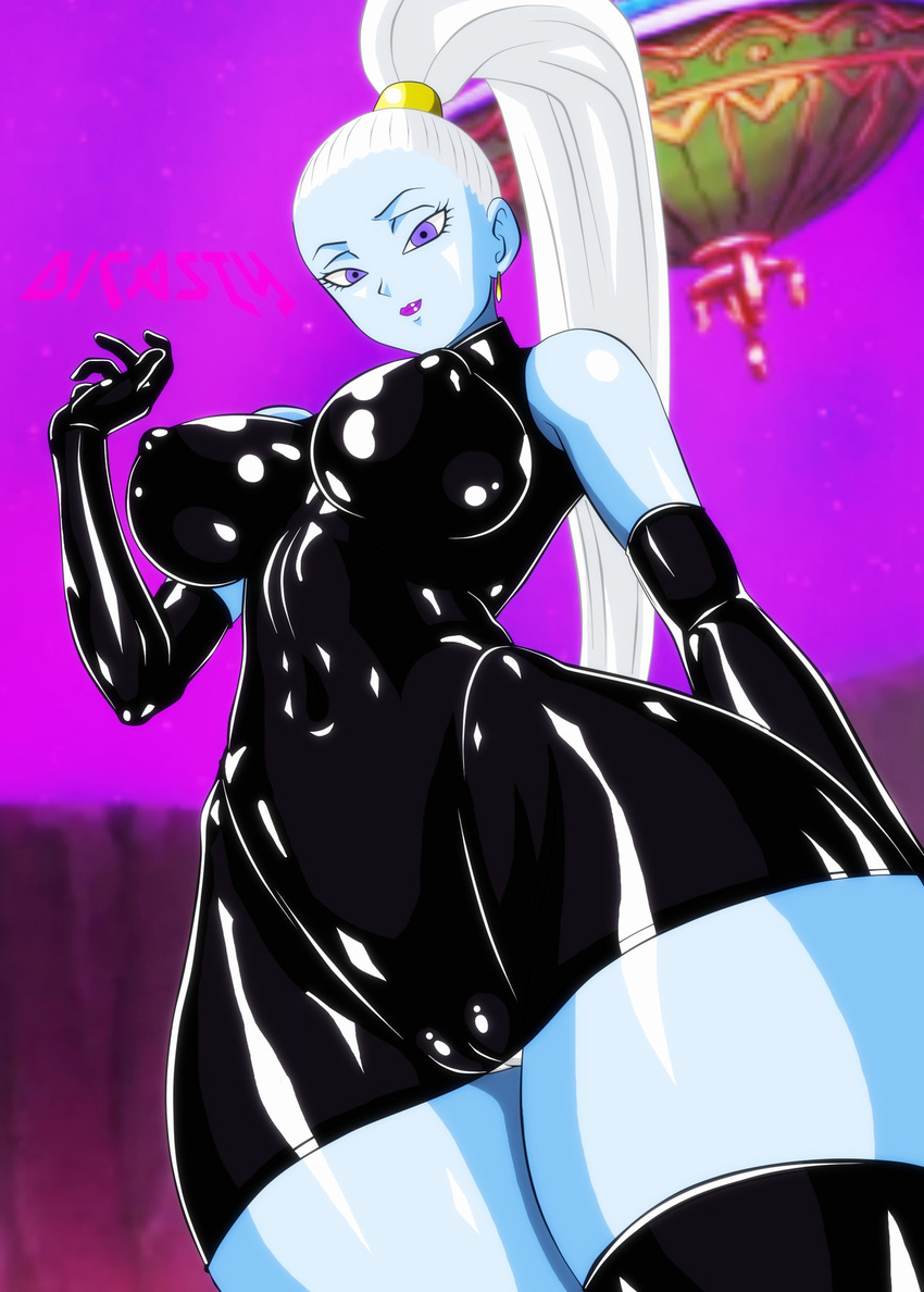 1girl 2016 alien bare_shoulders black_gloves blue_skin breasts dragon_ball dragon_ball_super earrings empty_eyes erect_nipples eyebrows eyelashes eyes female fingers gloves hands hips jewelry large_breasts latex_gloves latex_legwear latex_suit legwear lipstick long_hair looking_at_viewer makeup nipples nose panties pink_background pink_lipstick ponytail purple_eyes pussy shiny smile solo stomach thick_thighs thighhighs thighs tied_hair underwear vados_(dragon_ball) very_long_hair white_hair white_panties