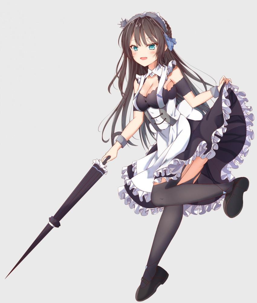 1girl :d apron aqua_eyes ass azur_lane bangs bare_shoulders black_dress black_footwear black_legwear blue_ribbon blush bracelet breasts brown_hair cleavage collarbone collared_dress dress eyebrows_visible_through_hair frilled_apron frilled_dress frills full_body garter_straps grey_background hair_ribbon half_updo headdress highres holding holding_umbrella jewelry leg_up loli_ta1582 long_hair looking_at_viewer maid maid_apron mary_janes medium_breasts newcastle_(azur_lane) open_mouth ribbon shoes sidelocks simple_background skirt_hold smile solo thighhighs umbrella white_apron