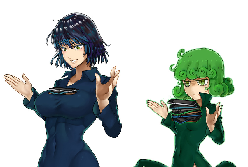 aura blue_hair breast_conscious breasts cellphone covered_navel covered_nipples curly_hair fubuki_(one-punch_man) green_eyes green_hair large_breasts multiple_girls one-punch_man phone shaded_face shiny shiny_hair short_hair siblings simple_background sisters skin_tight small_breasts smartphone smartphone_case smile tatsumaki tawawa_challenge telekinesis the_golden_smurf upper_body white_background