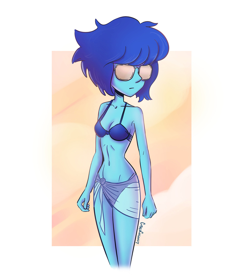 alien anthro bikini blue_hair blue_skin breasts cartoon_network cleavage clothed clothing cubedcoconut eyewear female gem_(species) hair humanoid lapis_lazuli_(steven_universe) midriff navel not_furry simple_background standing steven_universe sunglasses swimsuit white_background