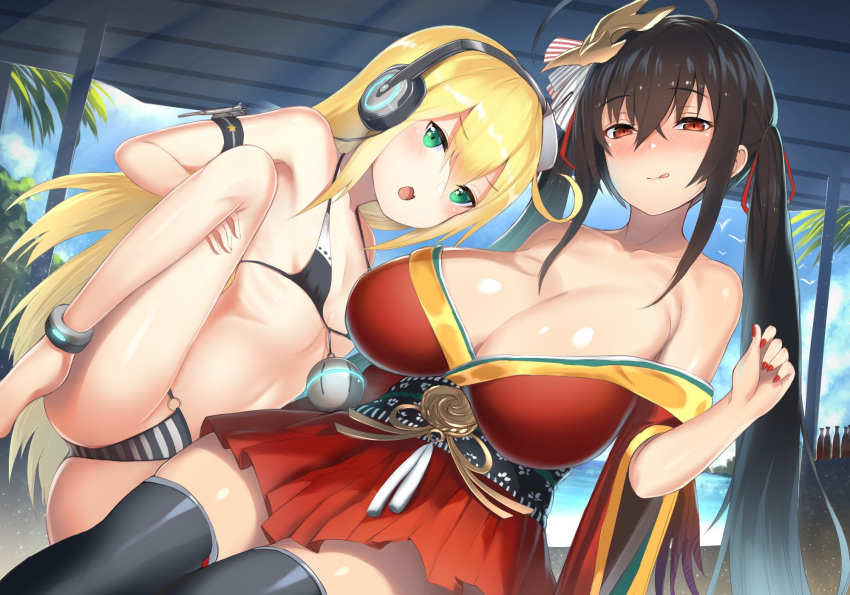 2girls ahoge albacore_(azur_lane) azur_lane bangs bare_shoulders bikini black_hair black_legwear blonde_hair blush breasts cleavage closed_mouth collarbone commentary_request crossed_bangs day eyebrows_visible_through_hair fang green_eyes hair_between_eyes headphones highres huge_breasts japanese_clothes kimono leg_up long_hair long_sleeves looking_at_viewer mask mask_on_head multiple_girls navel nose_blush open_mouth red_eyes red_kimono red_ribbon ribbon shiny shiny_skin sky small_breasts swimsuit taihou_(azur_lane) thighhighs tied_hair tongue tongue_out twintails unizou very_long_hair water wide_sleeves